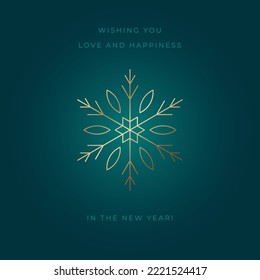 New Year and Christmas vector greeting card with golden showflake on gradient dark green background
