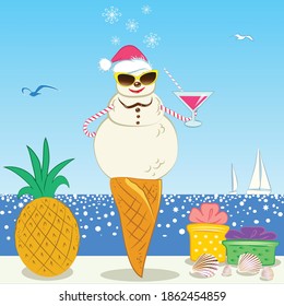 New Year, Christmas vector illustration postcard. Character ice cream in a cone in the form of Santa Claus, cocktail, gift boxes, seashells, pineapple on the background of a tropical seascape