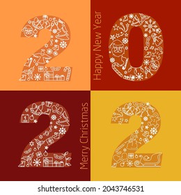 New Year and Christmas vector illustration. Invitation, greeting card. Colorful background. Thine line icons, symbols pattern. Numbers are made with icon patterns. Greeting card template. Vector

