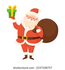 New Year, Christmas vector illustration of Santa Claus carrying a big sack of gifts. Perfect for Christmas designs, holiday cards and seasonal decorations.