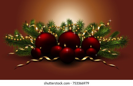 New year christmas vector illustration with red balls fir branches