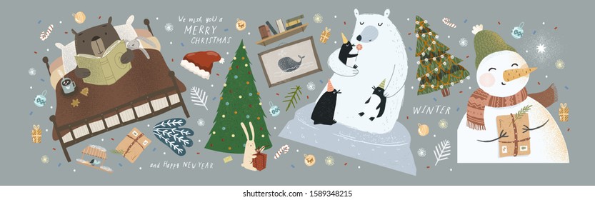 New Year and Christmas vector illustrations and objects. Cute drawings of winter animals of bears, bunny, penguin, snowman, Christmas tree, Santa Claus, tea and gingerbread
