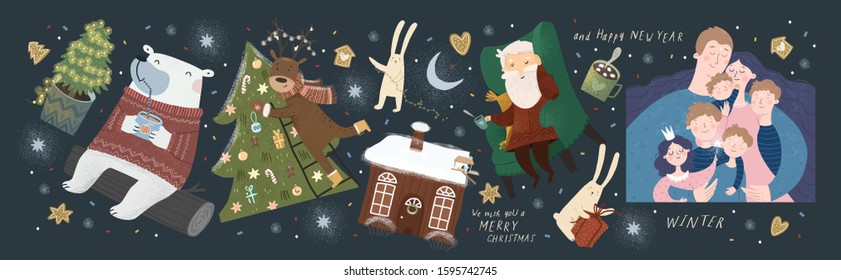 New Year and Christmas vector illustrations and objects. Cute drawings of winter animals of a polar bear, family, bunny, deer, home, Christmas tree, Santa Claus, tea and holiday gingerbread
