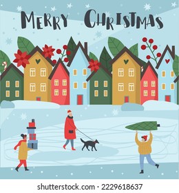¡Año Nuevo y Navidad! Ilustraciones vectoriales de un árbol de Navidad, ciudad, casas, calles, gente y una acogedora calle festiva para postal, felicitación, antecedentes o afiche.
