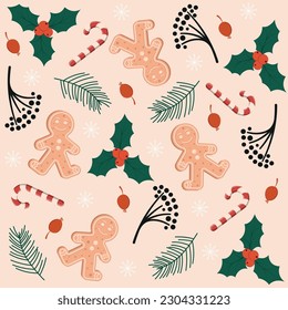 New Year and Christmas vector illustrations design with berries, gingerbread man, candy sticks, fir branches Christmas decoration.