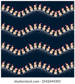 new year christmas vector pattern celebrate funny cartoon drawing night merry traditional culture snowman snowdrift seamless scarf red hat white dots navy background wallpaper repeat wave design art 
