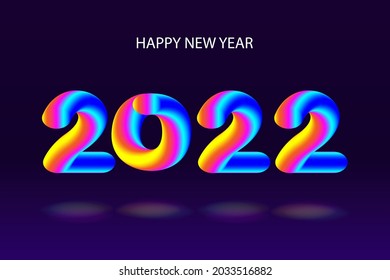 New Year and Christmas vector poster with different color rainbow neon numbers 2022 on blue background. Design for a banner or postcard for a holiday for congratulations. Stylish minimalist design