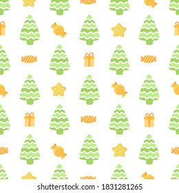 New year, christmas vector seamless pattern on a white background with winter trees, spruces, presents, candy. Design for wrapping paper, sites, banners, textiles, fabrics, souvenirs, packaging, card