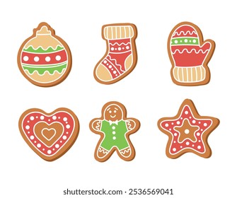 Ano Novo, vetor de Natal conjunto de biscoitos de gengibre Ano Novo. Inclui estrela, coração, gengibre homens, meia, mitten, brinquedo árvore de Natal. Perfeito para projetos de férias, cartões e decorações sazonais.