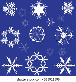 New Year Christmas vector set of snowflakes. Isolated on blue background.
