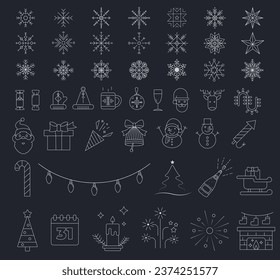 Conjunto de elementos de trazo vectorial de Año Nuevo y Navidad. Iconos y elementos gráficos para el diseño de Año Nuevo y Navidad. Paquete de iconos del constructor de banners de tarjetas de felicitación. Infografía. Diseño gráfico. Vector Eps.
