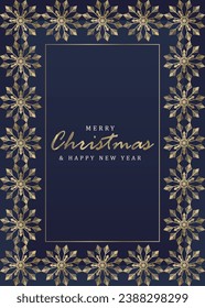 New Year and Christmas vector vertical frame for text and photo with golden snowflakes. Luxury dark blue background for diplomas, cards, invitations, certificates.