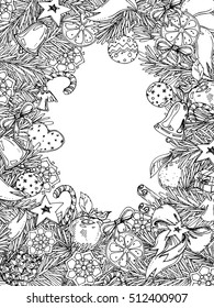 New Year and Christmas vertical frame for coloring book for adult and children. Pattern for coloring book. hand-drawn vector decorative element.