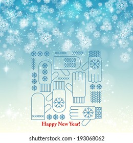 New Year and Christmas vintage background with snowflakes and mittens pattern and the greeting text. vector