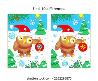 New Year or Christmas visual puzzle: Find the seven differences between the two pictures with owl wearing santa cap. Answer included.
