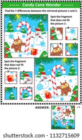 New Year or Christmas visual puzzles with candy cane, snowman and owl. Find the differences between the mirrored pictures. Spot the wrong fragments. Answers included.