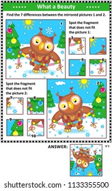 New Year or Christmas visual puzzles with owl and garland. Find the differences between the mirrored pictures. Spot the wrong fragments. Answers included.