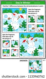 New Year or Christmas visual puzzles with cheerful snowman. Find the differences between the mirrored pictures. Spot the wrong fragments. Answers included.