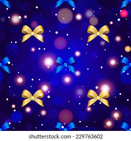 New Year Christmas wallpaper with bow and ribbon. Seamless background. Decoration element. Sparkles and bokeh. Shiny and glowing.