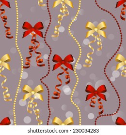 New Year Christmas wallpaper with bow and ribbon. Seamless background. Decoration element. Sparkles and bokeh. Shiny and glowing.