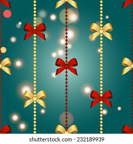 New Year Christmas wallpaper with bow and ribbon. Seamless background. Decoration element. Sparkles and bokeh. Shiny and glowing.
