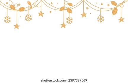 New year or Christmas wallpaper with gold star and snowflakes garland on white background vector.