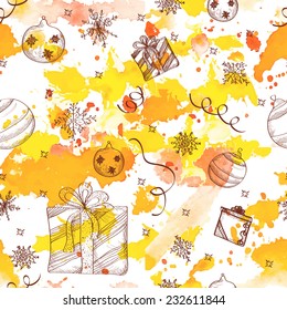 New Year and Christmas watercolor hand drawn seamless background. Vector illustration.