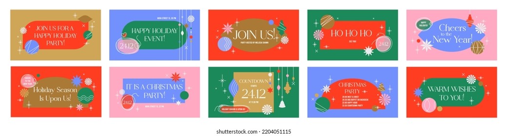 New Year and Christmas web banners templates set. Contemporary colorful vector design. Modern web site holiday headers. Horizontal seasonal banners. Posters with abstract holiday symbols.