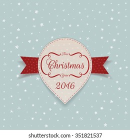 New Year or Christmas white paper Sticker with red Ribbon on light Background. Vector Illustration