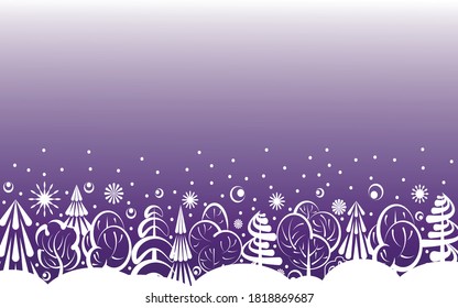 New Year, Christmas, winter banner. White silhouettes of winter trees, fir trees and snowflakes. Dark purple gradient background. There is room for text. Festive decorations and decorations. Vector.