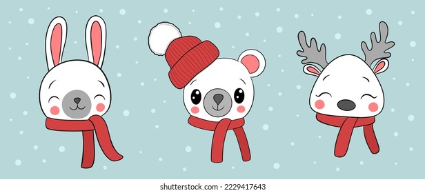 New year and Christmas Winter banner with cute cartoon bear, rabbit and deer