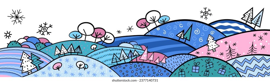 New year, Christmas, winter design. Unique hand drawn graphic. Festive poster, banner, print idea in bright colourful pop art style. Editable vector illustration in blue colors. Landscape background.