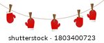 New Year, Christmas, winter element, vector red mittens on clothesline with clothespin illustration