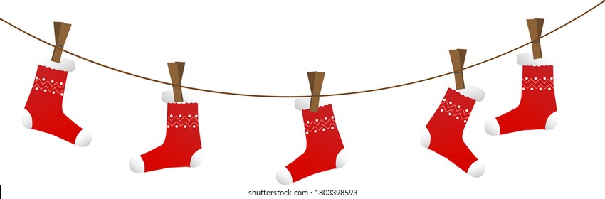 New Year, Christmas, winter element, vector red socks on clothesline with clothespin illustration