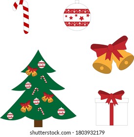 New Year, Christmas, winter element, vector set with christmas tree, bells, christmas ball, present box and candy cane illustration