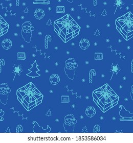 New year christmas winter festive pattern with gifts, sweets, fir tree and toys, santa hat, snowflake on blue background. Vector illustration