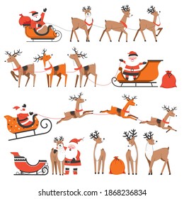 New year and Christmas winter holiday celebration. Santa claus and reindeer with sleigh and presents delivering gifts on xmas. Cheerful characters of north pole. Positive personages. Vector in flat