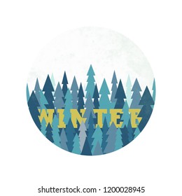 New Year Christmas winter holidays colorful illustration with winter forest (circle shape frame)