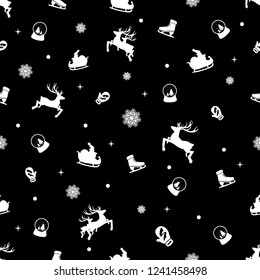 New Year Christmas winter holidays 
seamless pattern with, christmas tree and toys, santa hat, snowflake, deep, skate, sleigh. Background textures. Vector illustration EPS 10. 2019.