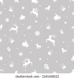 New Year Christmas winter holidays 
seamless pattern with, christmas tree and toys, santa hat, snowflake, deep, skate, sleigh. Background textures. Vector illustration EPS 10. 2019.