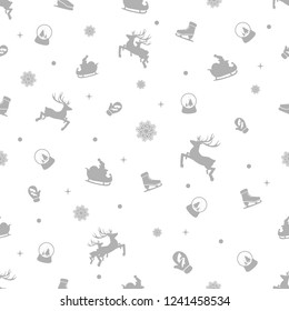 New Year Christmas winter holidays 
seamless pattern with, christmas tree and toys, santa hat, snowflake, deep, skate, sleigh. Background textures. Vector illustration EPS 10. 2019.