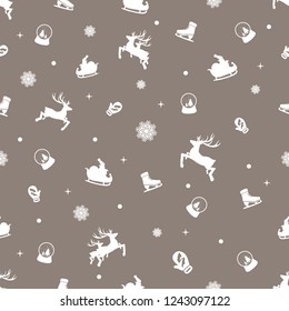 New Year Christmas winter holidays, 
seamless pattern with, christmas tree and toys, santa hat, snowflake, deep, skate, sleigh elements. Background textures. Vector illustration EPS 10. 2019.