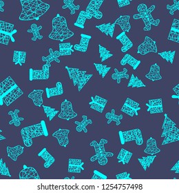 New Year Christmas winter holidays seamless pattern with gifts, gingerbread, christmas tree and toys