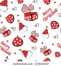 New Year Christmas winter holidays pattern with gifts, candys, christmas tree and toys, santa hat, snowflake. Santa Claus hat, gift, text. Vector graphics. Seamless pattern.