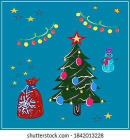 New Year. Christmas. Winter holidays. Cookie houses. Snowman, Christmas tree, decorations, garlands, a bag of gifts. All objects are isolated. Vector.