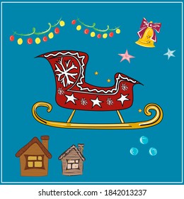 New Year. Christmas. Winter holidays. Cookie houses. Snowman, Christmas tree, decorations, garlands, a bag of gifts. All objects are isolated. Vector.