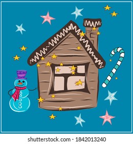 New Year. Christmas. Winter holidays. Cookie houses. Snowman, Christmas tree, decorations, garlands, a bag of gifts. All objects are isolated. Vector.