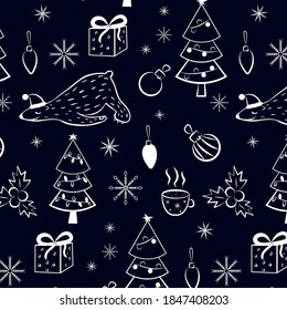 New Year Christmas winter holidays pattern with gifts, christmas tree and toys, bear, snowflake,tea.Vector.Christmas icons seamless pattern, Happy Winter Holiday tile background. Doodle outline orname