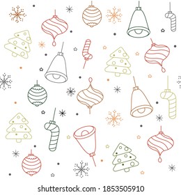 New Year Christmas winter holidays seamless pattern with  candys, christmas tree, toys, bells, snowflakes.  Happy Winter Holiday background. Doodle outline ornament for  wrapping paper, wall paper.
