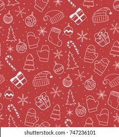 New Year Christmas winter holidays pattern with gifts, candys, christmas tree and toys, santa hat, snowflake